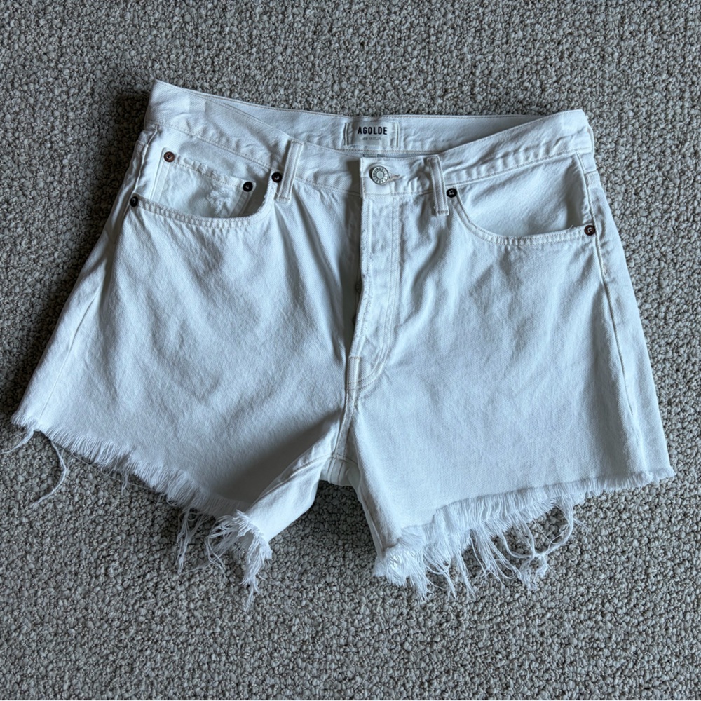 Agolde White Frayed Hem Denim Shorts